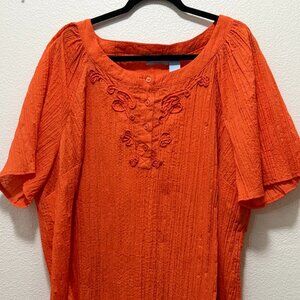 Liz & Me orange crinkle short sleeve top with button and ribbon accents, 3X
